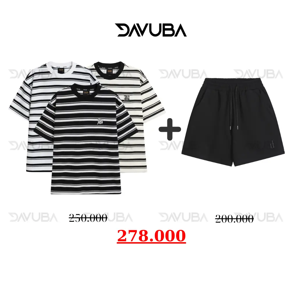 [Combo độc quyền DAVUBA] Áo thun trơn kẻ sọc Dream + quần short D CB27