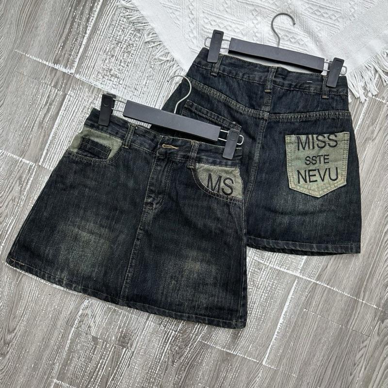 3354 BIGSIZE Chân váy jeans nữ dáng ngắn chữ a, chân váy chữ a jeans cạp cao không dãn thêu túi chữ MS
