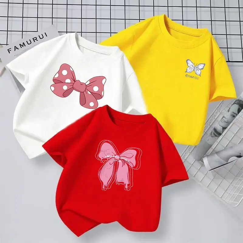 Children's T-shirt, girls 1-12 years old short sleeved sweatshirt, girls bow T-shirt sando  girl red  shirt matching  outfits