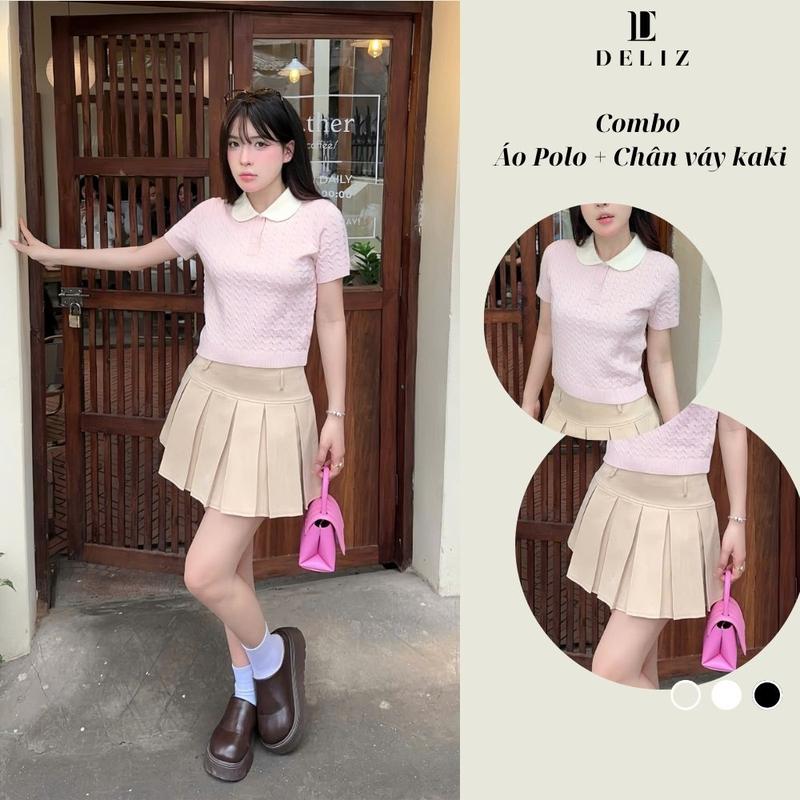   COMBO CV32  Set áo len polo ngắn tay len lông thỏ cao cấp phối chân váy xếp ly nhiều màu dáng ngắn chất kaki mềm DELIZ 