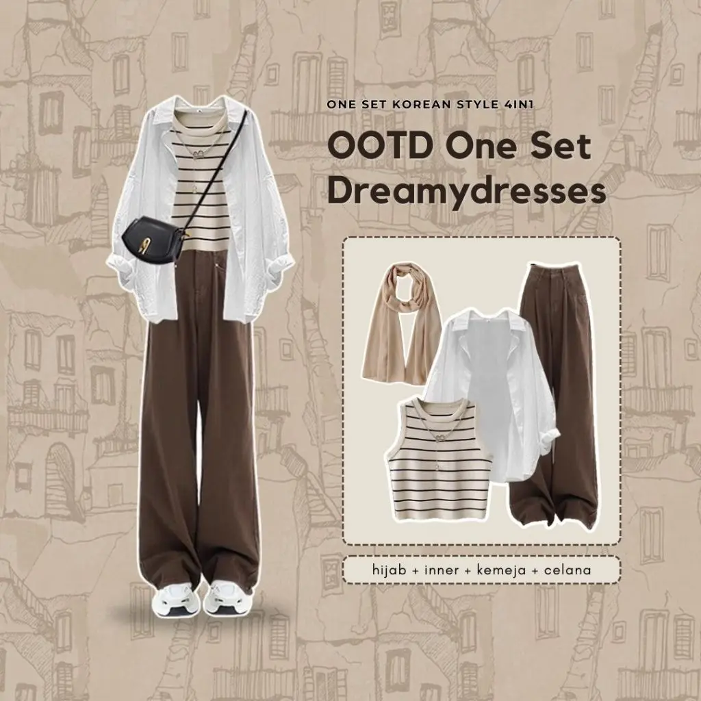 Set 19 - 4in1 One Set Kekinian Wanita Style Outfit Korean OOTD Ullzang Kemeja Oversize OOTD Hijab Outfit Lebaran Hari Raya