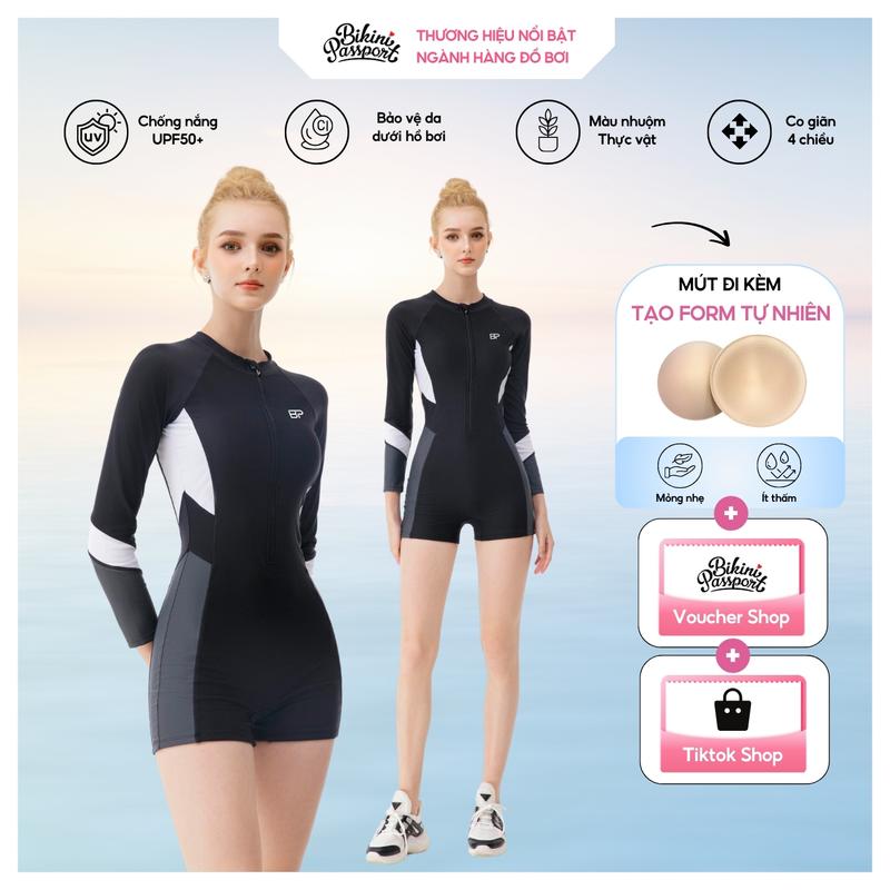 Đồ bơi Nữ BIKINI PASSPORT kiểu Một mảnh quần short, áo tay dài có khoá kiểu sport - màu Đen - BS403_BL