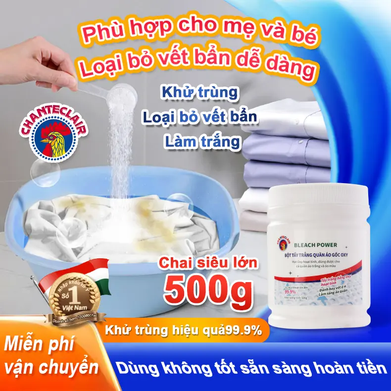 Bột Tẩy Trắng Quần Áo Chanteclair Oxi Enzyme Sinh Học - Đánh Bay Vết Bẩn Cứng Đầu, Làm Trắng Áo Quần Ố Vàng, Bột Tẩy Quần Áo Đa Năng An Toàn Cho Da Tay - Dịch Vụ Bán Hàng Tận Tình