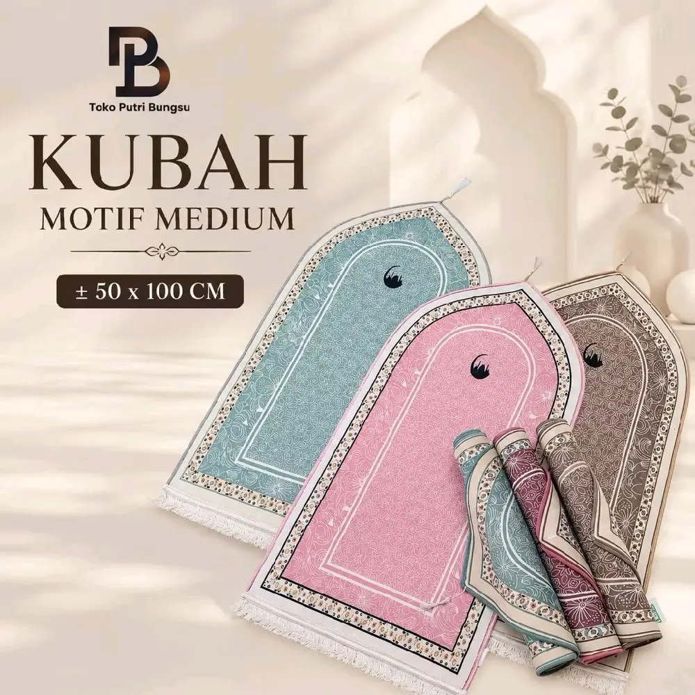 Sajadah Cutting Kubah Motif Ukuran Medium 1 Badan Printing Putih Muslim Turki Haji Nyaman Rumbai silky polyester cuci kering