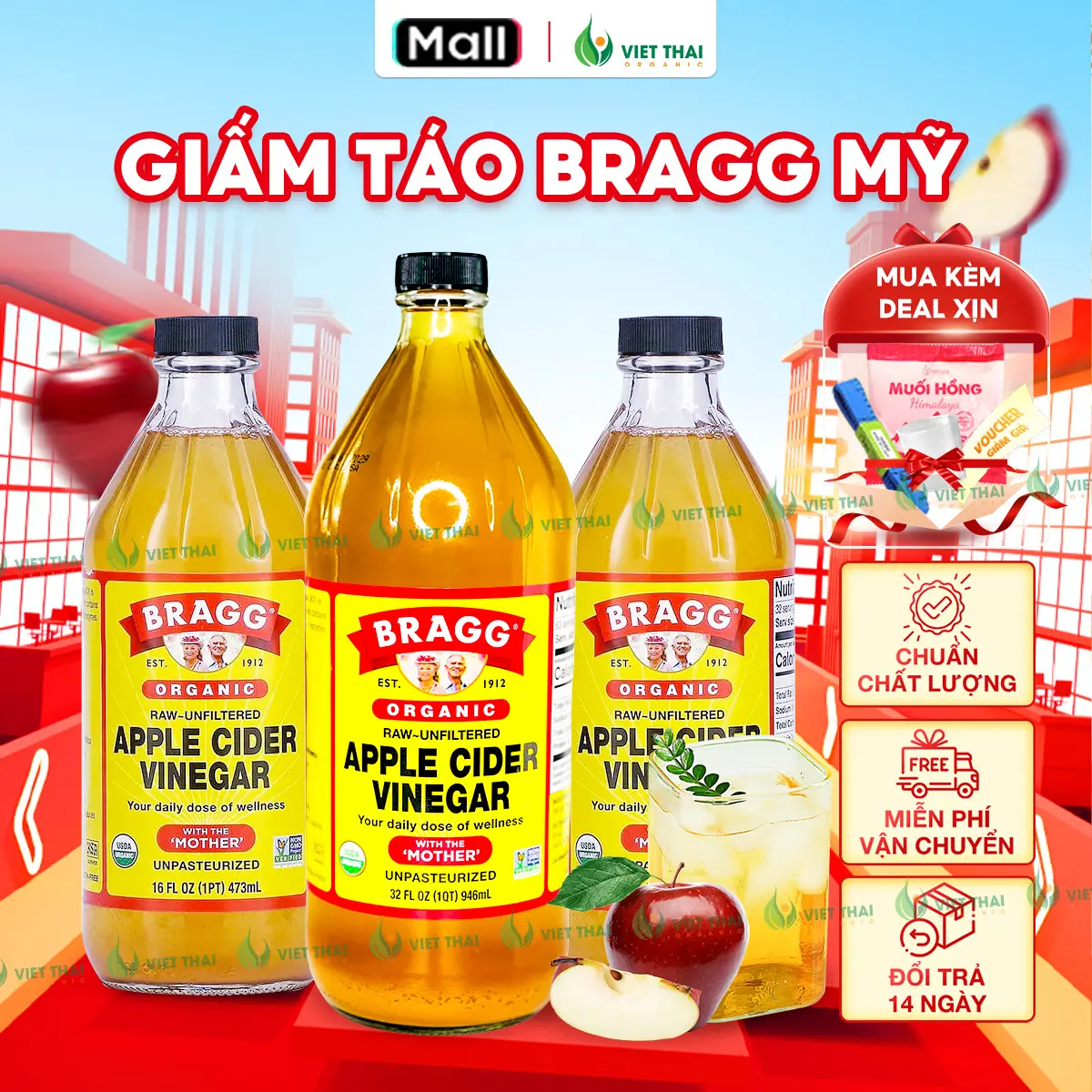 [CHÍNH HÃNG] Giấm Táo Bragg Có Giấm Cái - Dấm Táo Mỹ Thức Uống Healthy Eatclean Gia Vị Nấu Ăn Trộn Salad (Việt Thái Organic)