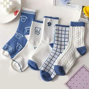 PEACHIE | KK574 Kaos Kaki Panjang Motif Garis Putih Biru Unisex Kaos Kaki Olahraga Atas Mata Kaki Nyaman dan Stylish