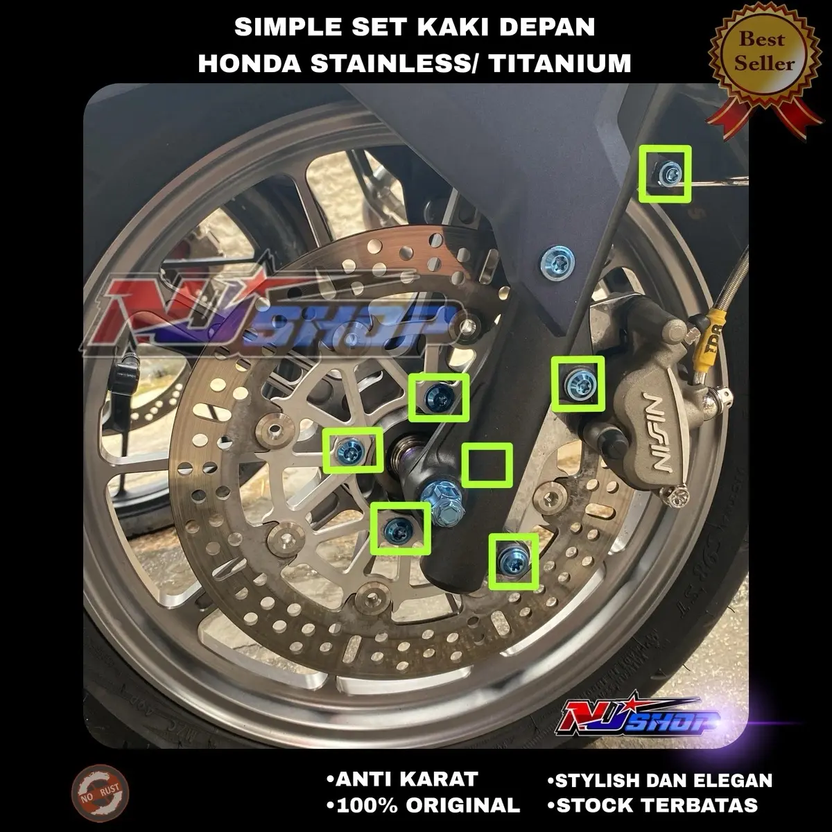 Set baut probolt kaki depan honda stylo vario 125/160 pcx scoopy mio fizr stainless heng original Motorcycle Kaliper Cakram Gold