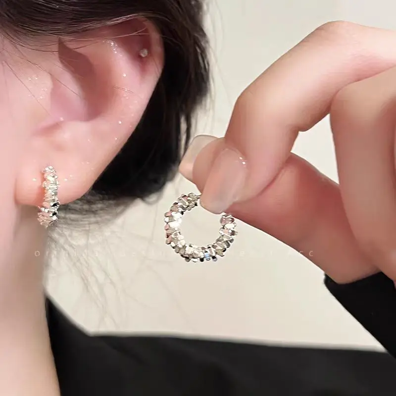 [Shiny Molly Shop] 925 silver needle broken silver C-shaped metal earrings
