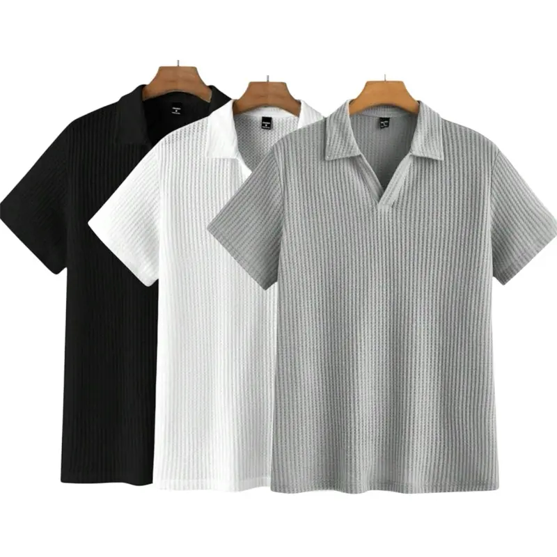 Paket 3 pcs Kaos polo lengan pendek pria V-neck waffle premium baju distro terbaru Atasan Kerah Dewasa Cowok 2