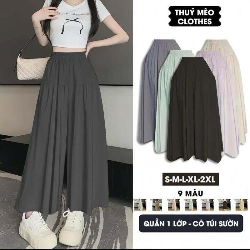 Quần Váy Nữ Ống Rộng Nhún 2 Tầng Có BiG Size. Có 2 túi sườn Chắt Vải Đũi Gió Mềm Mát Che Khuyết Điểm . Women Bo Chun quần  hack dang quần  ngố quần  thun ống rộng culottes  quan dui ong cuc rong