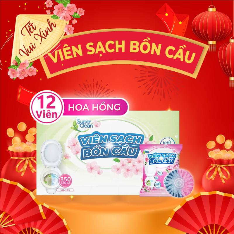 ĐỘC QUYỀN Combo 12 viên sạch bồn cầu Hoa Hồng Super Clean- Khử Mùi Hôi. Tiêu Diệt Vi Khuẩn Làm Sạch bom tẩy bồn cầu viên thông viên xả viên đặc viên bom vệ nước xả