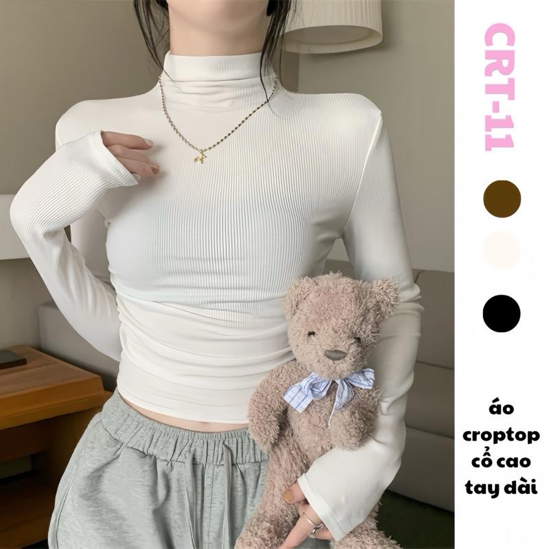  Áo cổ leo 3p dài tay thun tăm nhún sườnthời trang mới 2024 crt A2 Women Nhung  Sơ Mi Top Voi Kem Shirt 