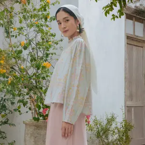 HijabChic Evanore Mist Blue Top - Blouse Lebaran Wanita Motif Bunga Pastel