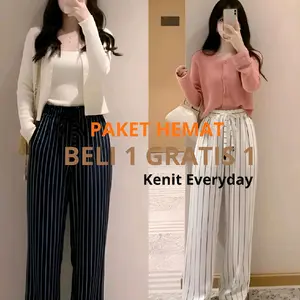Buy 1 Get 1 - Everyday Pants - Stripe Pants Bangkok - Celana Wanita Baggy Kntor Kuliah Motif Garis Kulot Pinstripe - Celana Formal Casual Wanita Loose Basic Panjang  Standar