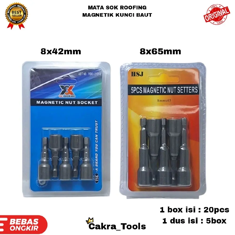 Mata Sok Roofing Magnetic Kunci Baut Bor 8 x 65 mm Kuat Bagus [1 set isi 5 pcs]