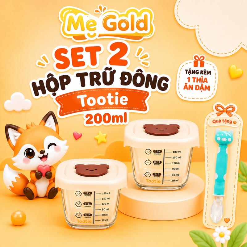 Combo 2 Hộp Trữ Đông Thủy Tinh Tootie 200ml Cho Bé Ăn Dặm, Hộp Đựng Thực Phẩm Ăn Dặm Nắp Silicon
