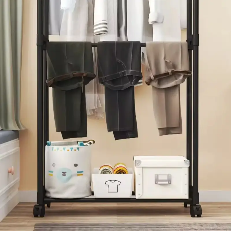 Double-Rod Clothes Rack Clothes Rack With Hooks Hanging Clothe Organizer For Bedroom Movable Bedroom Clothing Hanger With Wheels 4