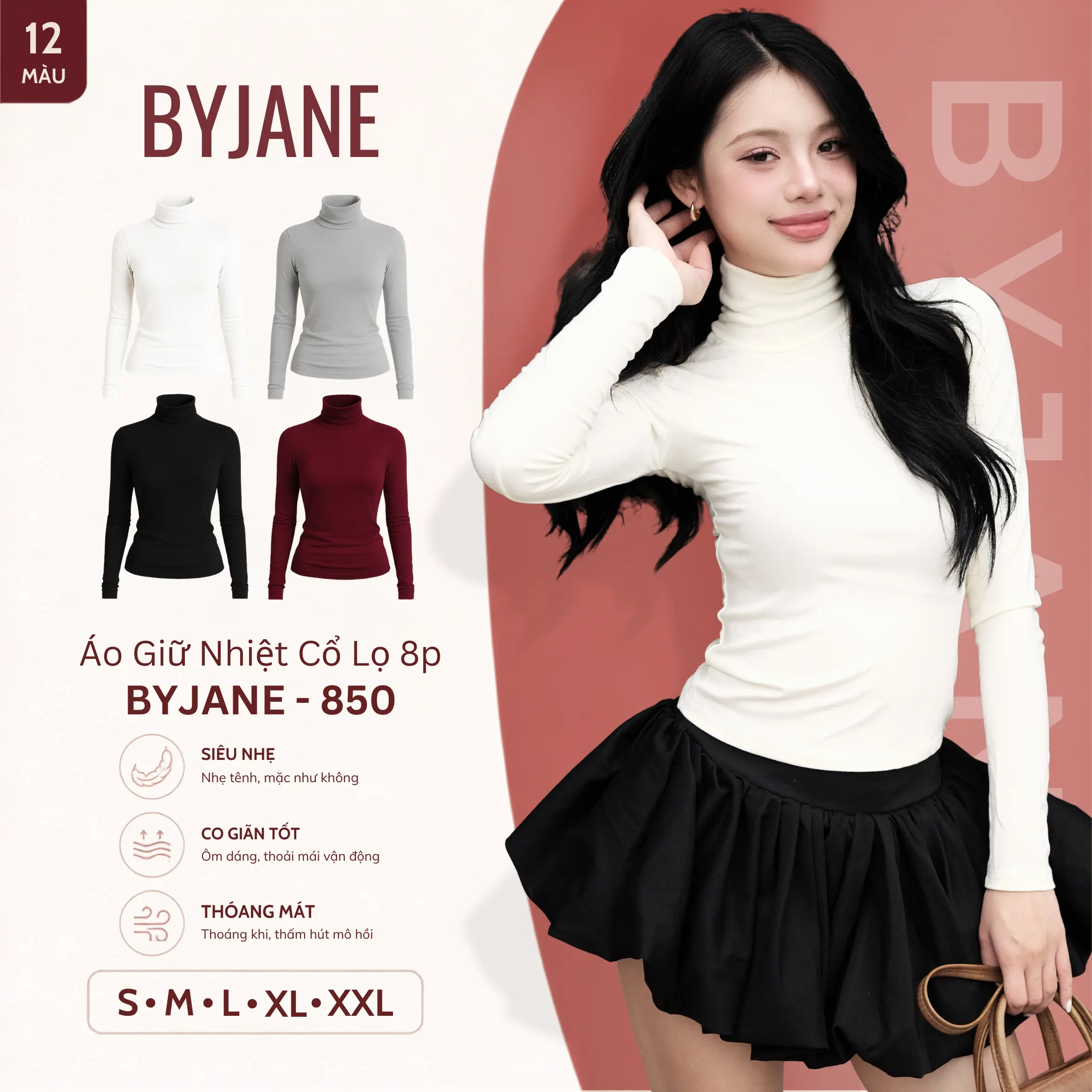 [ MÀU MỚI ] Áo Thun Nữ Cổ Lọ 8p Dài Tay Giữ Nhiệt Chất Thun Mịn Co Dãn 4 Chiều BYJANE - 850