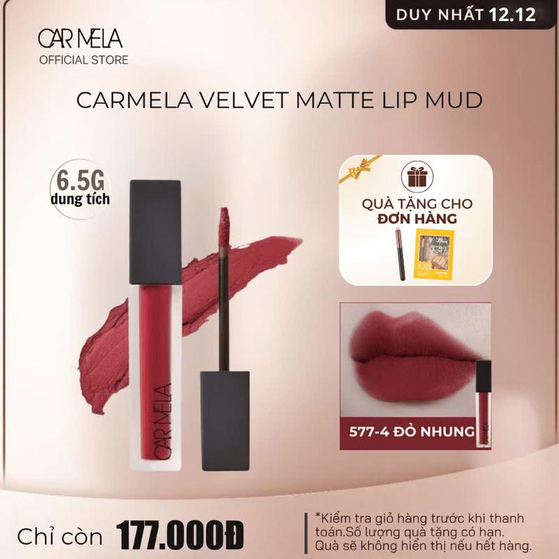 577 DEAL 12.12 Son bùn CARMELA Thuần Chay 04 Đỏ Nhung Cánh Hoa Hồng Sang Trọng Quyền Lực Mịn Môi 6,5G