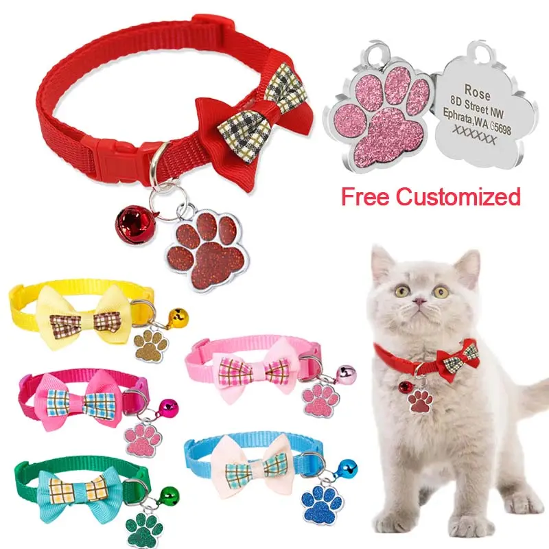 Free engraving cat collar cat tag Bowknot Cat Collar with Bells dog collar puppy collar dog tag Kitten Collars Pet Necklace YP14
