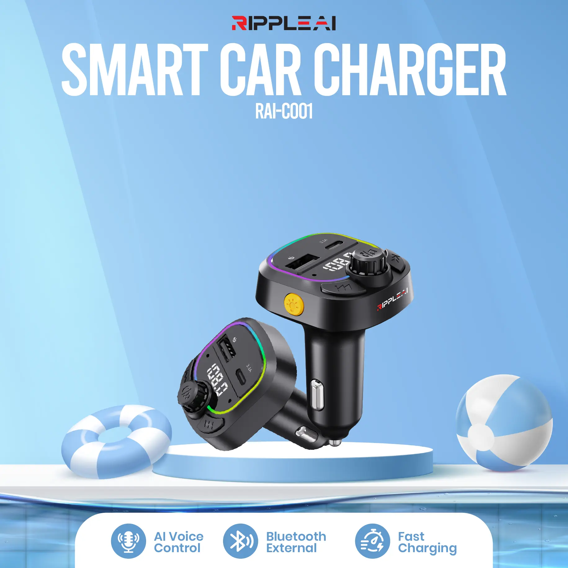 【Hot Selling】Ripple AI Car Charger 2 Port Fast Charging USB Chargers FM & Bluetooth Transmitter Voice Control MP3