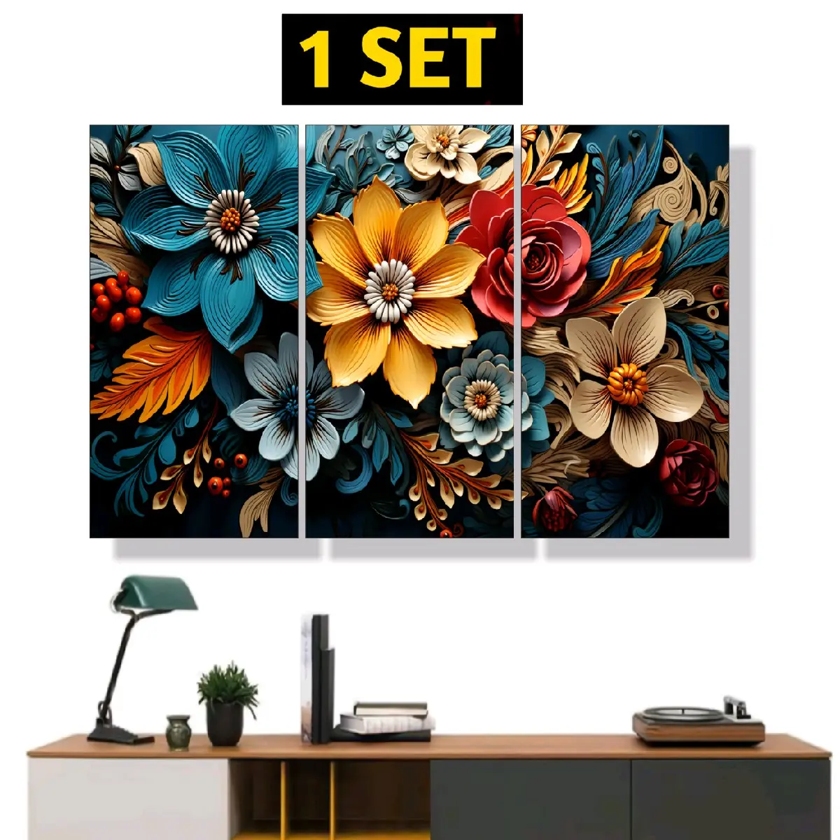 Dekorasi Ruang Tamu Motif Bunga Isi 3 Panel  Siap Langsung Di Pasang Di Dinding