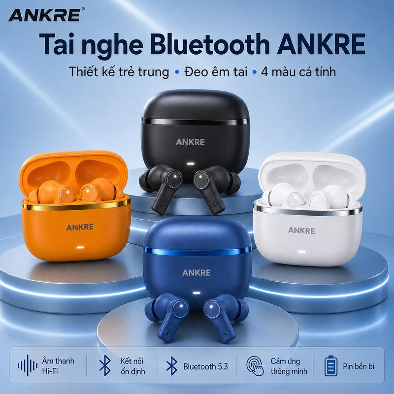 Tai Nghe Bluetooth Không Dây ANKRE TWS 5.4, Âm Thanh Hi-Fi Bass Mạnh, Cảm Ứng Thông Minh, Kết Nối Ổn Định, Hộp Sạc Nhỏ Gọn