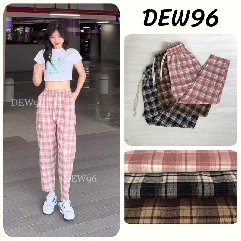 Quần baggy nữ chất vải lụa thô tổng hợp kẻ caro mềm mịn mát không nhăn lưng chun dây rút có túi