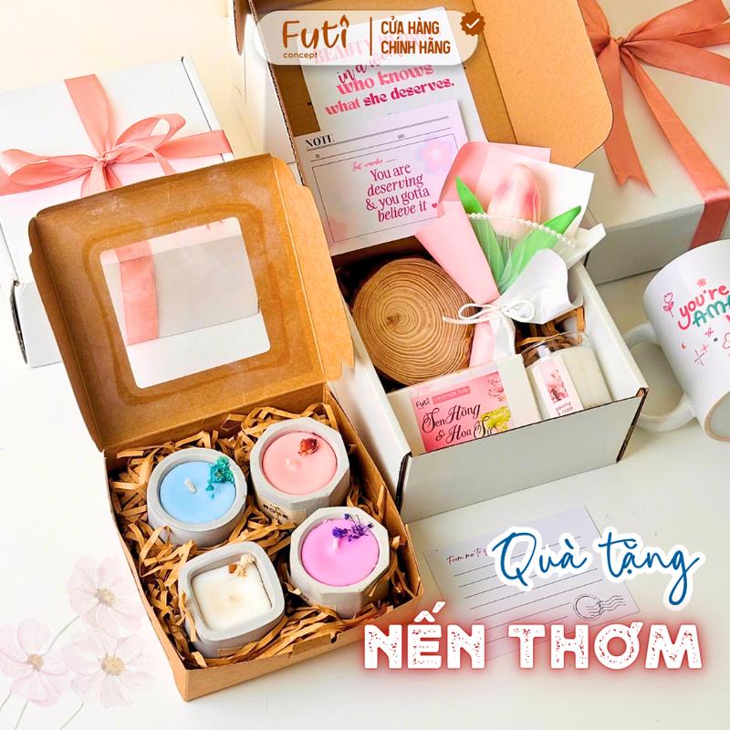 Hộp Quà Tặng Nến Thơm Và Sáp Thơm Set Quà Tặng Bạn Bè Người Yêu Ví Da Khăn Lụa Ly Sứ