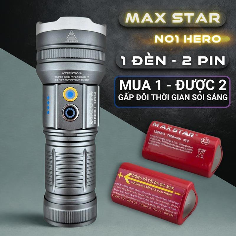 Đèn pin MAX STAR NO1 HERO SIÊU SÁNG ZOOM GOM TỎA NÂNG CẤP TỐI ƯU cầm tay siêu sáng chiếu xa 1000 mét ZOOM sáng xa gần chống nước sạc ngược cho điện thȯại flashlᶖght den doi vỏ nhựa abs chạy bằng pin bin đội soi