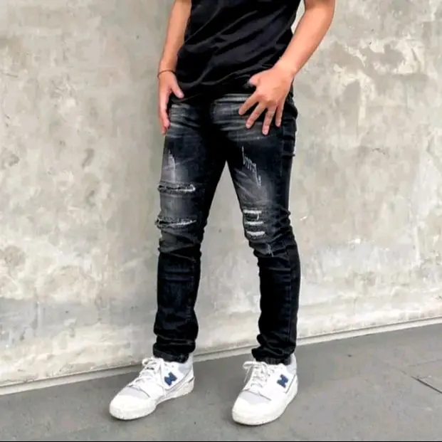Celana Jeans Panjang Pria/ripped Robek tren Terlaris/Apparel Hitam SlimFit Ankle Denim Stretch/Black Varian Dark Stile Skinny/Lembut Melar Nyaman Dipakai