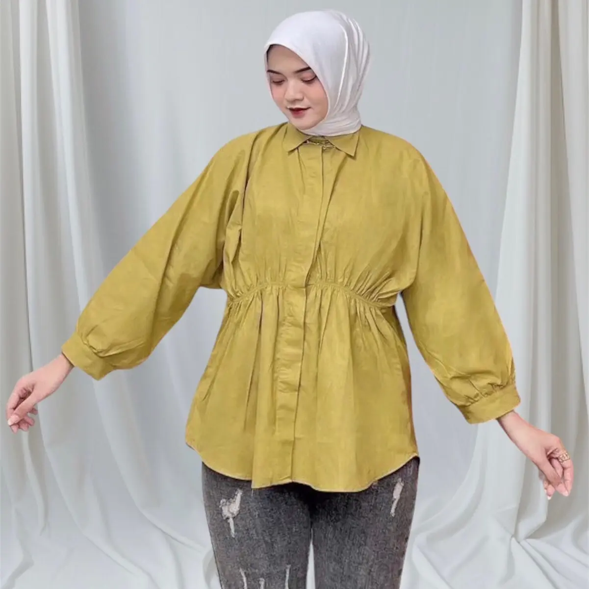 KEMEJA ALYA WANITA BAHAN KATUN LINEN BAGIAN DEPAN ADA KERUT(karet)