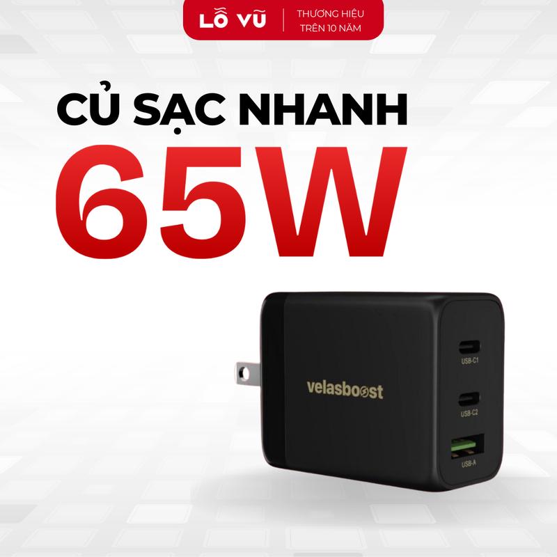 Củ sạc nhanh 65W 3 cổng velasboost Sạc chuẩn PQ QC - Cục sạc nhanh Lỗ Vũ 1 levu01 vuabanlo
