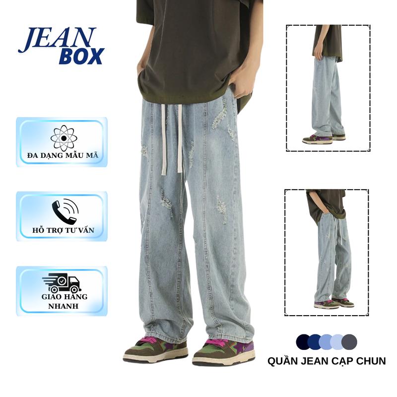 Quần jean nam nữ unisex màu xanh rách JEAN BOX 09 ống rộng có dây rút thoải mái vận động Menswear Pants