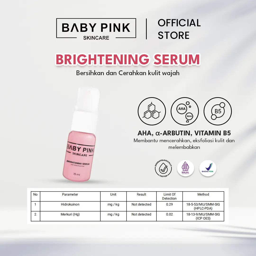 BABY PINK SKINCARE - Brightening Serum With Niacinamide - Dark Spot Serum Penghilang Flek Hitam Mencerahkan Kecantikan Alpha Arbutin & AHA untuk Cerahkan Kulit 15 mL Pria Wanita - Baby Pink Skincare Wajah Pencerah Hyaluronic Acid