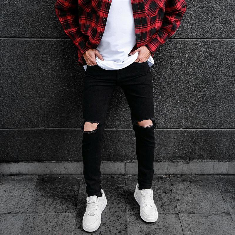 Quần jean nam rách gối to màu đen trơn chất bò đẹp co dãn tốt 4 chiều Có Túi form dáng skinny boy phố QS05 Menswear Pants TCS Trùm Chuyên Sỉ