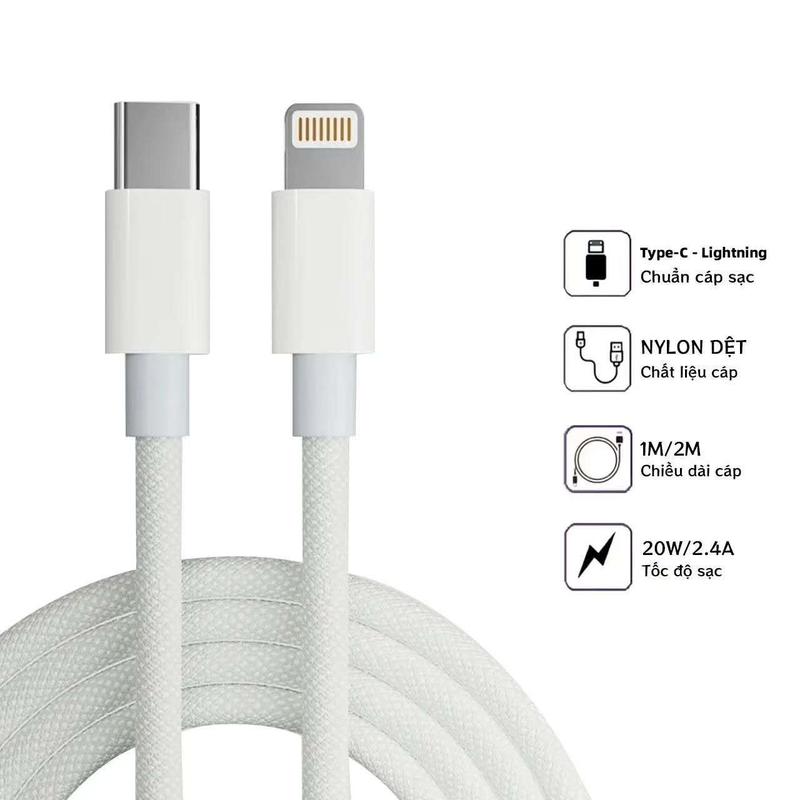 Cáp Sạc Nhanh 20W TypeC-L 5 Lõi Bọc Dù 1M/2M, Dây Sạc Siêu Bền Chống Đứt Gãy, Hỗ Trợ Sạc Nhanh & Truyền Dữ Liệu, Phụ Kiện Sạc Điện Thoại (Không Kèm Củ Sạc)