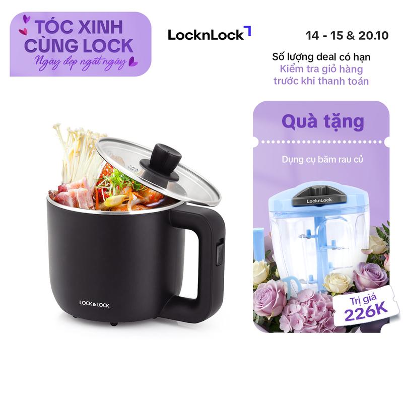 Nồi Điện mini đa năng LocknLock EJP116BLK - Dung tích 0.8L,600W - thép không gỉ, Nắp kính cường lực,Tay cầm nhỏ gọn,  Nồi Lẩu tiện lợi Nấu Ăn, làm Ca nấu mì, Tặng kèm khay luộc trứng