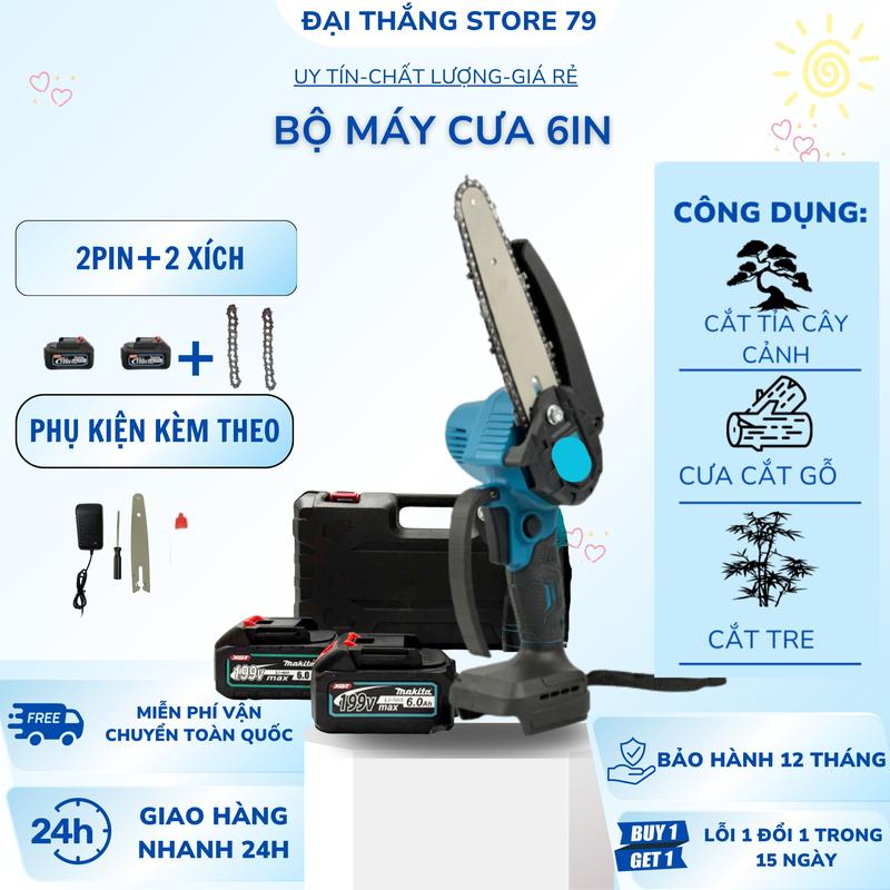 Bộ Máy Cưa Xích 6IN PIN Cầm Tay Cưa Gỗ 2 PIN 2 XÍCH Lõi Đồng Hệ Thống Bơm Nhớt Tự Động New 2026