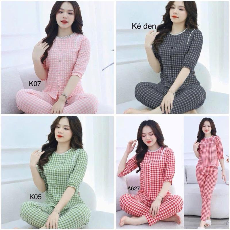 Set bộ đồ mặc nhà bộ đồ sau sinh kẻ caro cổ tròn viền ren trắng tay bo chun dễ thương xinh xắn chất thô kate 40-67kg Nữ Áo