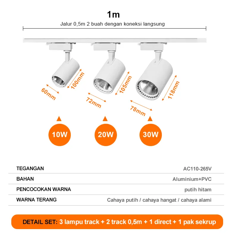 Lampu Rell Track Led Sorot Lampu Sorot Led COB Spot light Downlight Spotlight Rail Lighting10w20w30w Set White 4