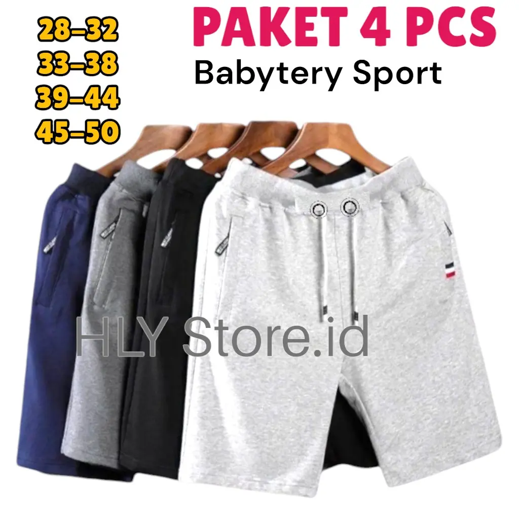 [ Promo 4 Pcs ] Celana Pendek Pria Baby tery Jumbo Muat BB 45kg-150kg Bahan Lembut - Hitam Abu