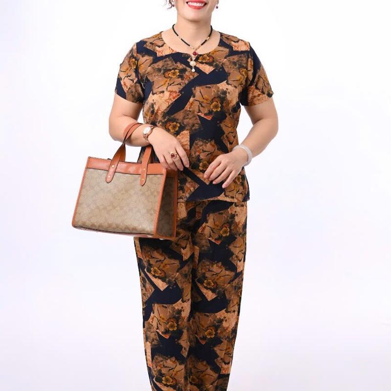(DÀI TAY NGẮN XXL) đồ bộ LỤA TƠ TẰM in hoa lá  cao cấp BIG SIZE cho mẹ và bà tay ngắn, quần ống rộng, mềm mại , mịn mát Voi Ong Women Nữ dobo Áo Sen Top đobo tang me 5