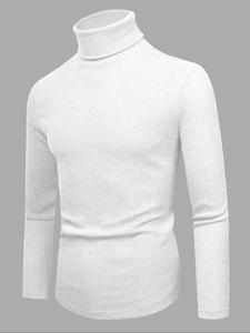 Suéter de cuello alto para hombre, camiseta de manga larga a rayas de color sólido, corte ajustado casual para las estaciones de otoño e invierno