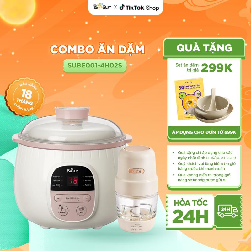 [Tặng cẩm nang ăn dặm] Combo Ăn Dặm Nồi Nấu Cháo Chậm BEAR 0,8L SUBE001 Nồi Nấu Cháo Chậm Cho Bé Ăn Dặm Nồi Nấu Chậm Nồi Chưng Yến và Máy Xay Ăn Dặm Cho Bé Máy Xay Tỏi Ớt 0,3L 4H02S 8 lưỡi dao