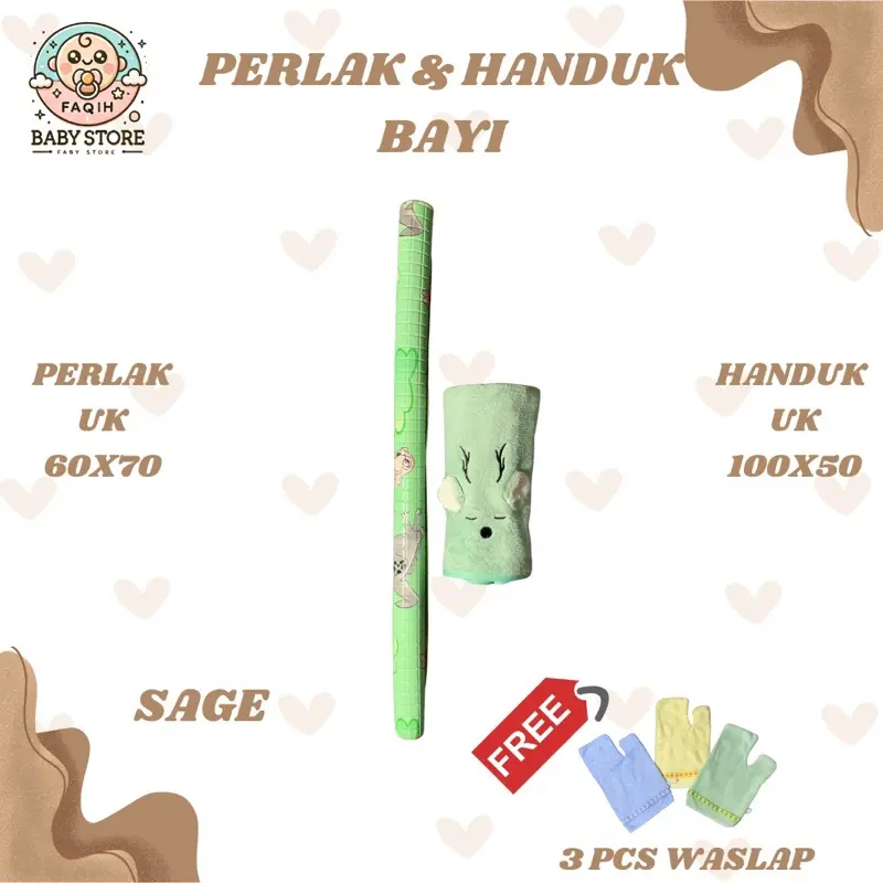 ￼PAKET HEMAT HANDUK BAYI 50cmX100CM + PERLAK BAYI 60x70CM FREE 3PCS WASLAP ~ Faqih Baby Store 3