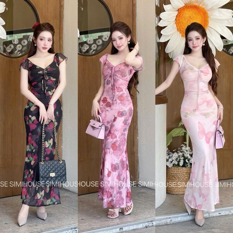 VÁY BODY LƯỚI NHÍU NGỰC HOẠ TIẾT HOA V100 / Đầm body thun lưới dẻo nhíu ngực tay con che khuyết điểm trend ( SIMIHOUSE )