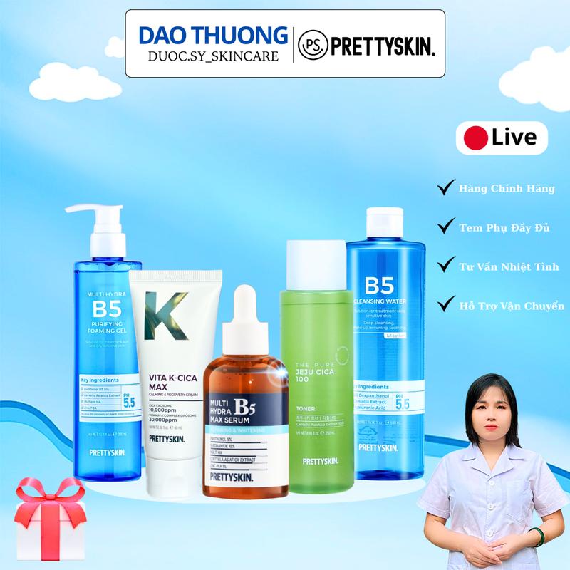 PS.Prettyskin. bộ 5sp làm sạch cấp ẩm phục hồi da gồm: Tinh chất Multi Hydra B5 Serum dầu Kem dưỡng Vita K Nước hoa hồng Rau má Sữa rửa mặt B5 và Tẩy trang B5 1160ml Mỹ phẩm Làm đẹp