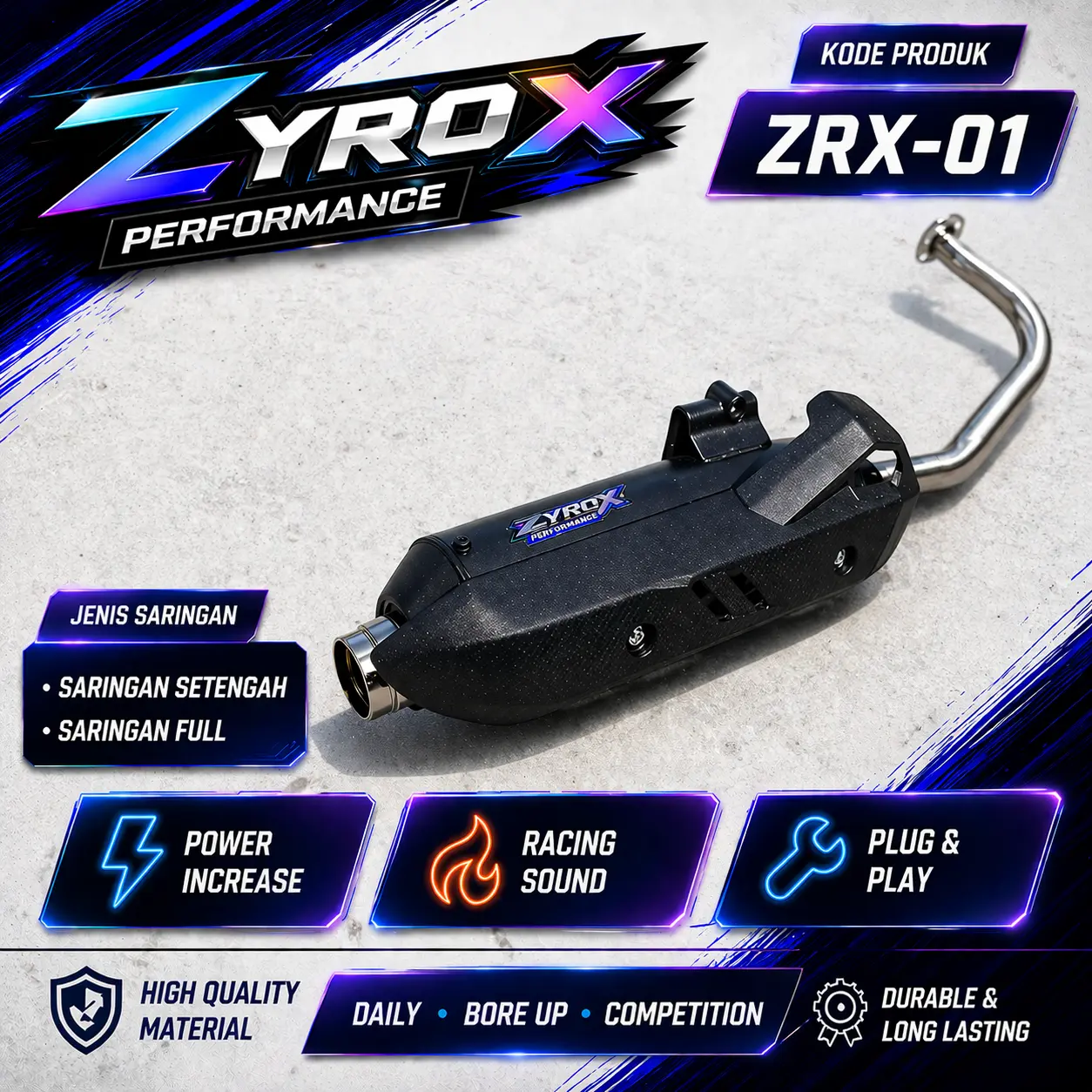 ZYROX Knalpot Standar Racing Type ZRX-01 Moncong Cincin Suara Bass Adem Dan Gahar untuk Vario Nmax PCX Beat Mio Scoopy Fino Genio Xeon dengan Performa Terbaru dan Bahan Berkualitas Tinggi - Motorcycle, Motor