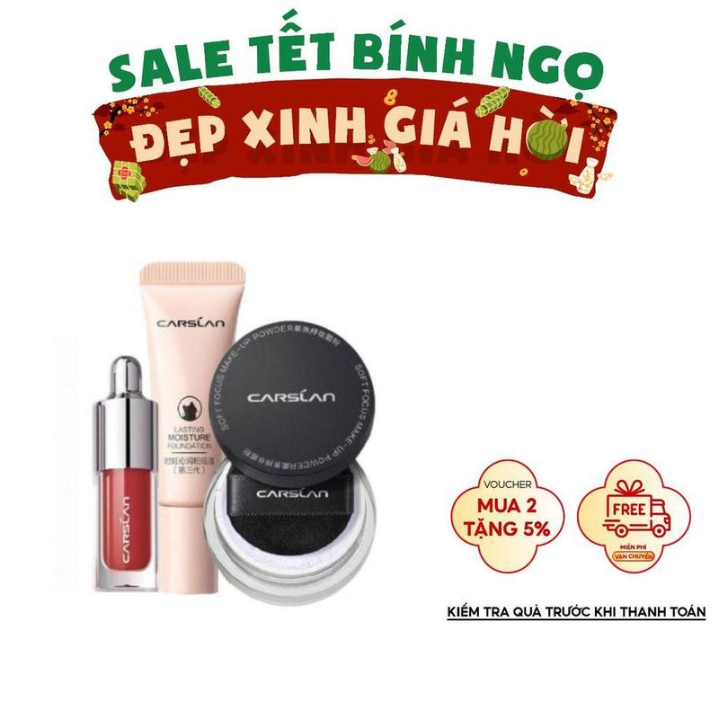 Combo mini trang điểm đầy đủ Bộ 3 món Kem nền Carslan 5g Son tint Carslan 1g Phấn phủ Carslan màu trong suốt 1g